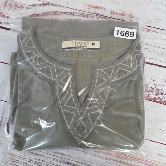 Shukr Tunic Shirt Womens M Olive Green Embroidered Long Sleeve Modest Cotton Top - Picture 14 of 14